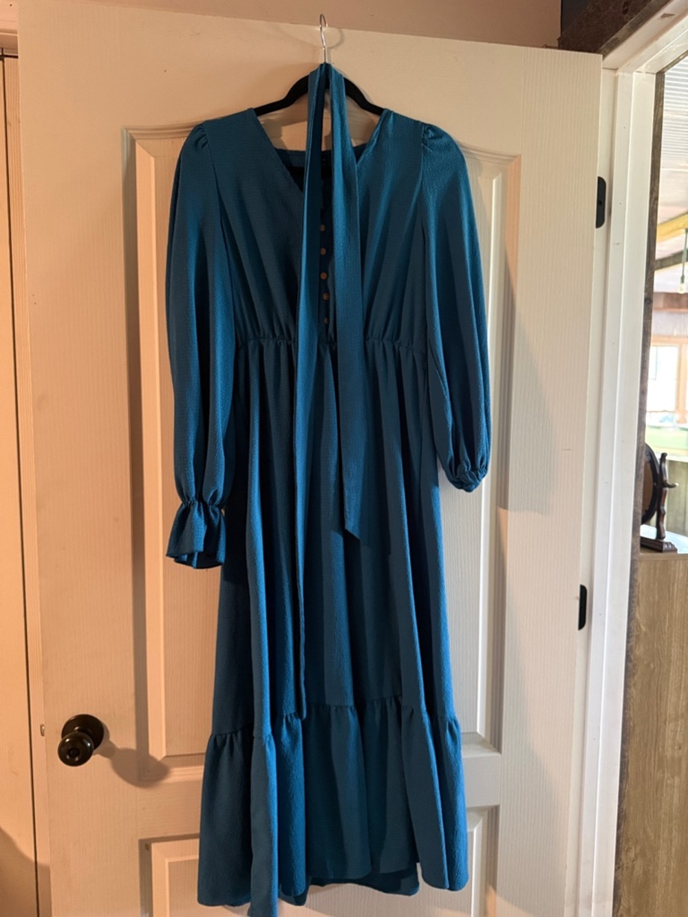 SHEIN Teal Long Sleeve V-Neck Tie Detail Midi Dress
